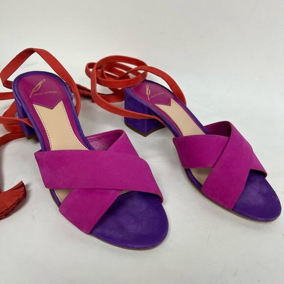 Brian Atwood Astor Colorblock Lace Up Sandals Pink Purple Suede Heels Size 7 - Picture 2 of 9